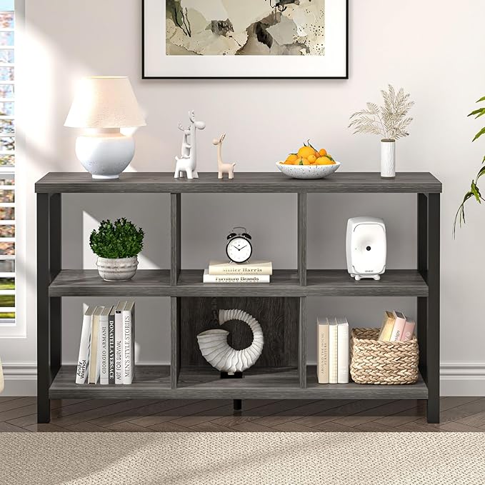FOLUBAN 6 Cube Storage Organizer with Shelf, Wood and Metal Cubby Bookcase, Industrial Low Horizontal Bookshelf (Dark Grey, 47 Inch) - LeafyLoom