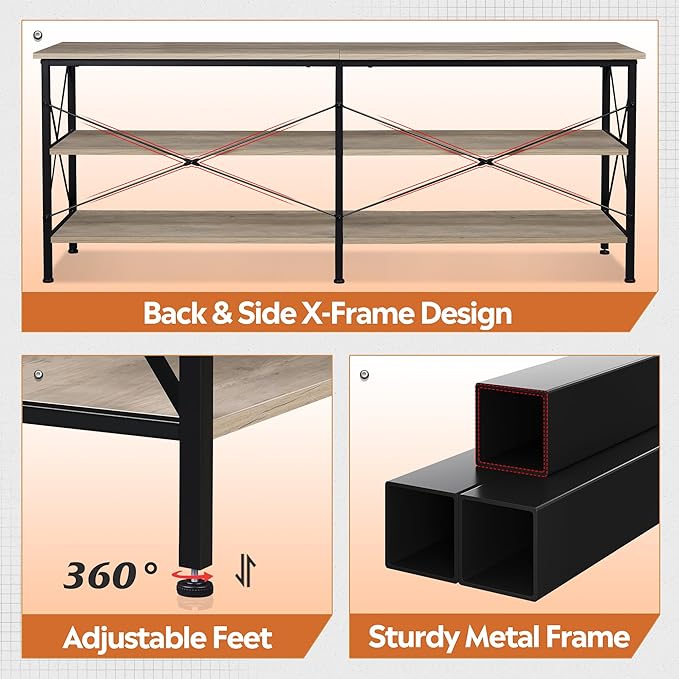 WLIVE TV Stand up to 70 Inch TV, 63" Entertainment Center with LED, TV Media Console with 3-Tier Storage Shelves for Living Room and Bedroom, Greige - LeafyLoom