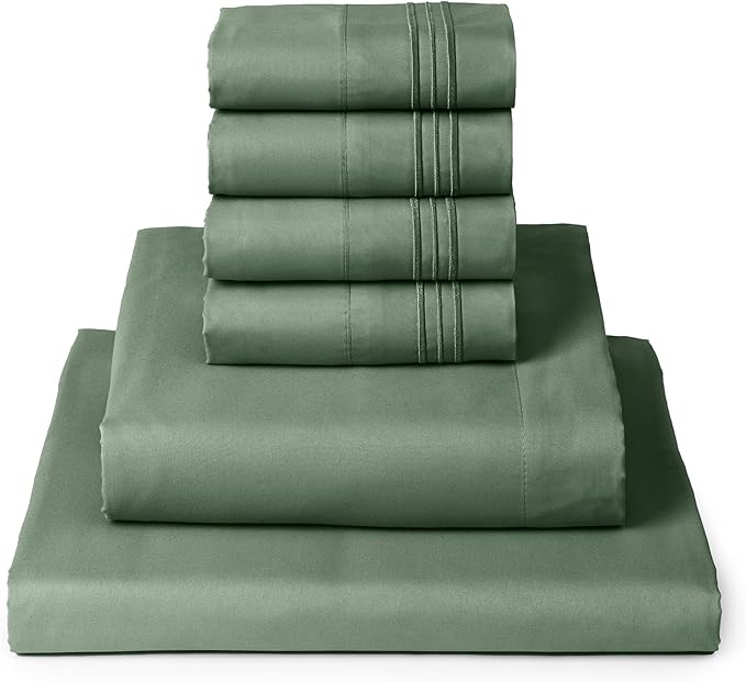 Mellanni Full Sheets Set - 6 PC Iconic Collection Bedding Sheets & Pillowcases - Hotel Luxury, Ultra Soft, Cooling Bed Sheets - Deep Pocket up to 16 inch - 6 PC (Full, Sage w/Extra Pillow Cases) - LeafyLoom