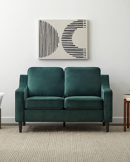 Edenbrook Jensen Upholstered Loveseat – Green Velvet Loveseat - Living Room Furniture - Small Loveseat- Seats Two - Scoop Arm Modern Couch - Couches - LeafyLoom