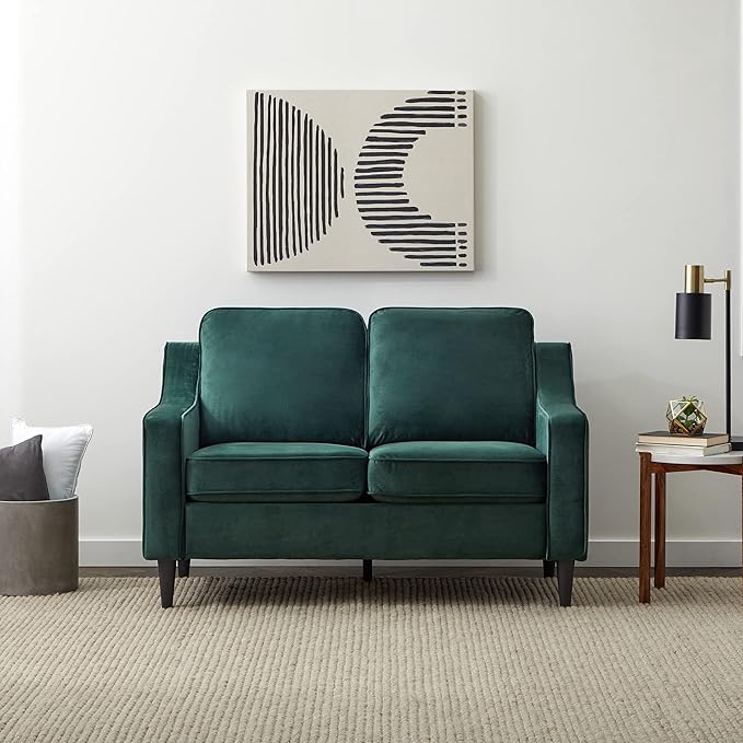 Edenbrook Jensen Upholstered Loveseat – Green Velvet Loveseat - Living Room Furniture - Small Loveseat- Seats Two - Scoop Arm Modern Couch - Couches - LeafyLoom
