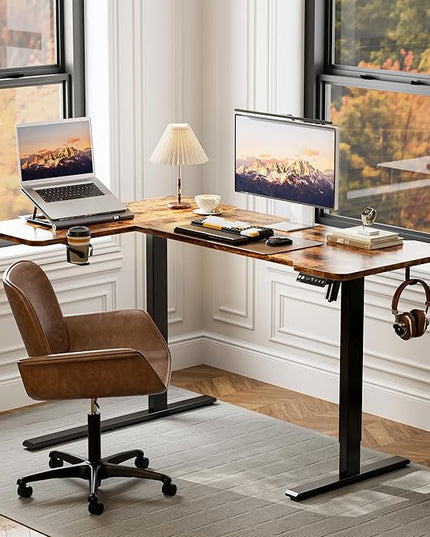 59" Reversiable L-Shaped Electric Standing Desk Adjustable Height Gaming Stand Up Corner Desk Sit Stand Home Office Computer Desk with Splice Board,Rustic Brown Top - LeafyLoom