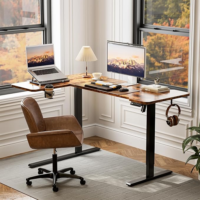 59" Reversiable L-Shaped Electric Standing Desk Adjustable Height Gaming Stand Up Corner Desk Sit Stand Home Office Computer Desk with Splice Board,Rustic Brown Top - LeafyLoom