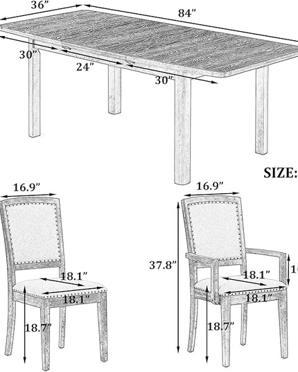 NicBex Dining Table Kitchen & Dining Room Tables Rustic Extendable 84Inch Dining Table Set with 24Inch Removable Leaf, 6 Upholstered Armless Dining Chairs and 2 Padded Chairs, Natural+Grey - LeafyLoom