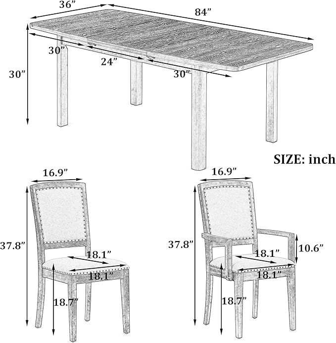 NicBex Dining Table Kitchen & Dining Room Tables Rustic Extendable 84Inch Dining Table Set with 24Inch Removable Leaf, 6 Upholstered Armless Dining Chairs and 2 Padded Chairs, Natural+Grey - LeafyLoom