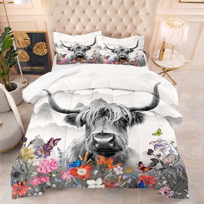 Tailor Shop Highland Cow Comforter Sets Twin Size,Highland Cow Bedding Set for Teens Kids Man,Cattle Comforter Western Animal Wildlife Farmhouse Bull Mountain Flower Comforter with 1 Pillowcase - LeafyLoom