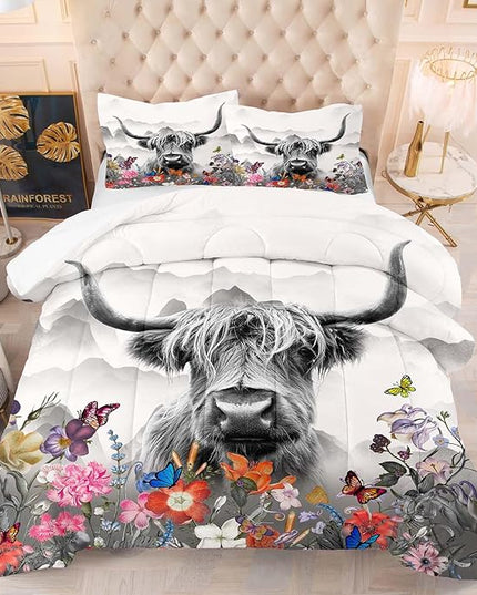 Tailor Shop Highland Cow Comforter Sets King Size,Highland Cow Bedding for Teens Kids Man,Cattle Western Bedding Wildlife Farmhouse Bull Mountain Flower Comforter with 2 Pillowcase - LeafyLoom