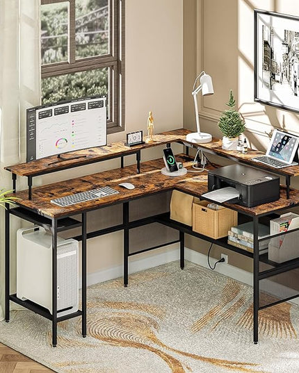 L Shaped Gaming Desk with Power Outlets & LED Lights, Computer Desk with Monitor Stand & Storage Shelves, Home Office L Shaped Desk Corner Gaming Desk, Brown - LeafyLoom