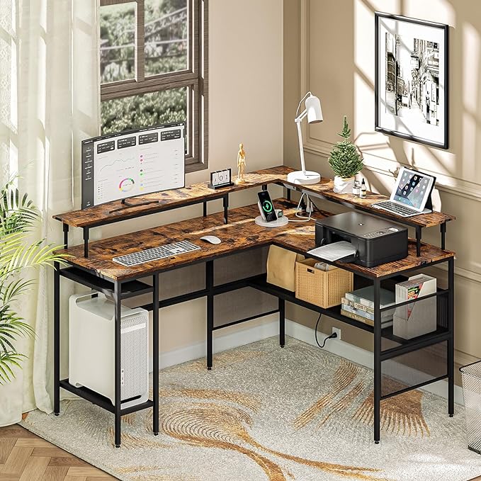 L Shaped Gaming Desk with Power Outlets & LED Lights, Computer Desk with Monitor Stand & Storage Shelves, Home Office L Shaped Desk Corner Gaming Desk, Brown - LeafyLoom