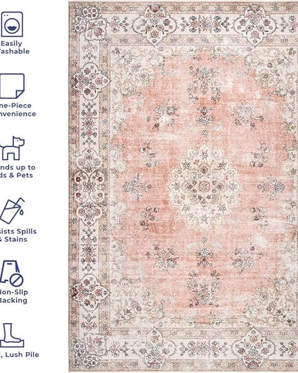 nuLOOM Ren Vintage Floral Machine Washable Ultra Thin Area Rug, 6x9, Peach - LeafyLoom