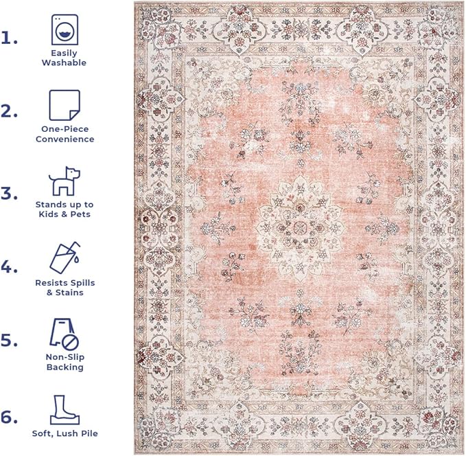 nuLOOM Ren Vintage Floral Machine Washable Ultra Thin Area Rug, 8x10, Peach - LeafyLoom