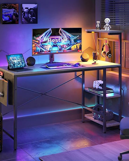 Bestier Gaming Desk with LED Lights, Computer Desk with 4 Tiers Reversible Shelves, 51.3 Inch Home Office Writing Desk with Side Storage Bag, Hooks and Height Adjustable Shelf (Retro Grey Oak) - LeafyLoom