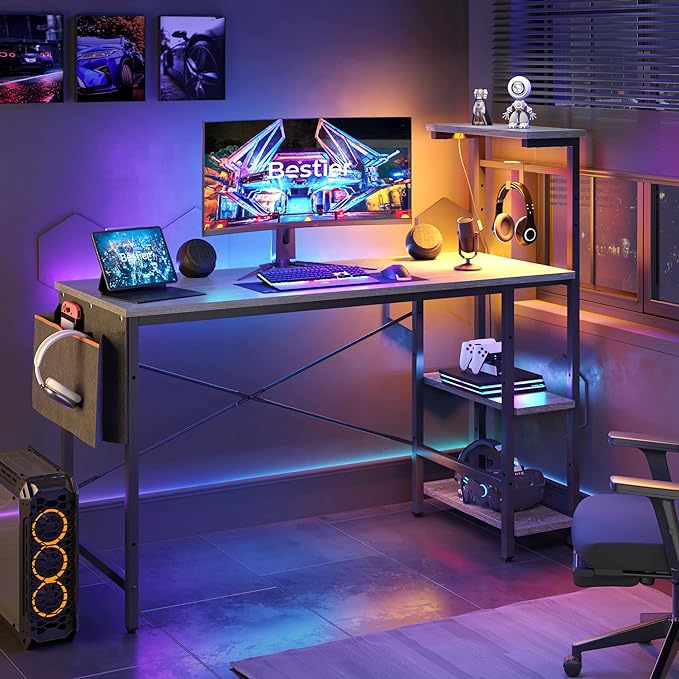 Bestier Gaming Desk with LED Lights, Computer Desk with 4 Tiers Reversible Shelves, 51.3 Inch Home Office Writing Desk with Side Storage Bag, Hooks and Height Adjustable Shelf (Retro Grey Oak) - LeafyLoom
