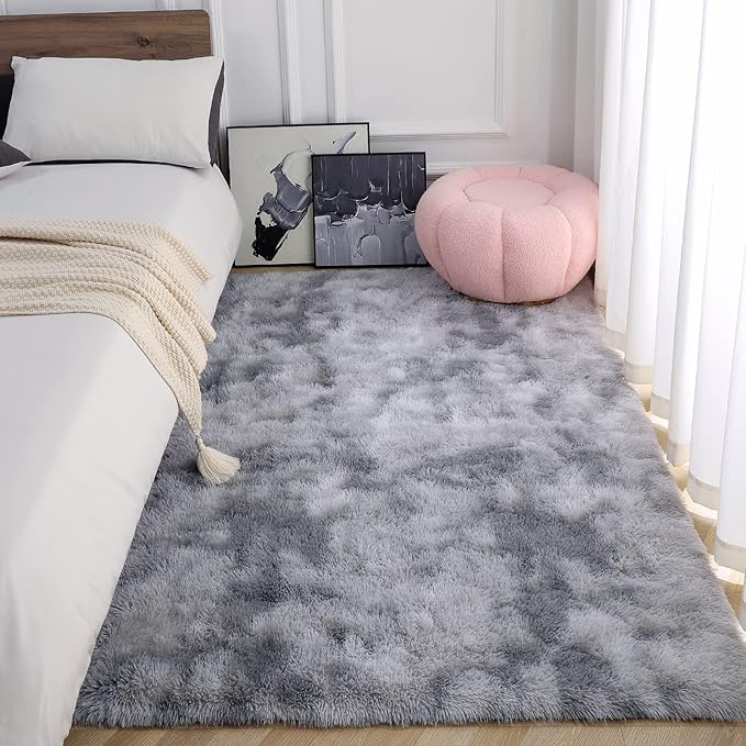 AROGAN Soft Rainbow Area Rugs for Girls Room 4x6 Feet, Fluffy Girls Bedroom Rugs, Princess Rug, Cute Colorful Carpet for Kids Teens Nursery Toddler, Grey - LeafyLoom