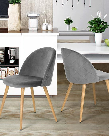 FurnitureR Upholstered Velvet Dining Chair Mid Back Armless with Wood Legs for Home Kitchen Bedroom Living Room, Set of 2, Grey - LeafyLoom