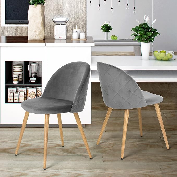 FurnitureR Upholstered Velvet Dining Chair Mid Back Armless with Wood Legs for Home Kitchen Bedroom Living Room, Set of 2, Grey - LeafyLoom