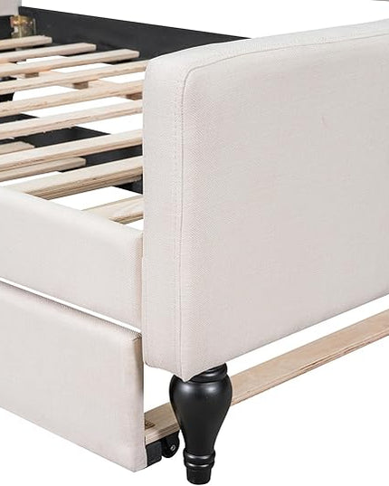 Full Size Upholstered Daybed with Trundle Bed Twin,Linen Sofa-Bed W/Button Tufted Back & Nailhead Decorated Waved Shape Arms,Slat Support,Bedframe for Bedroom Livingroom Small Space,Beige - LeafyLoom