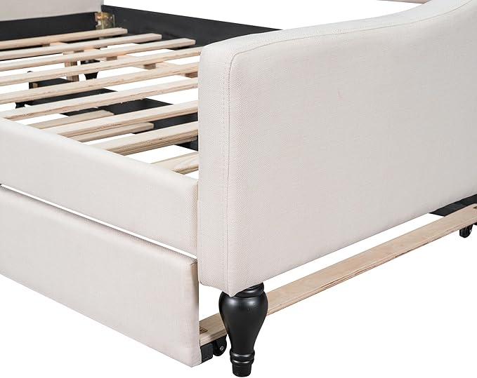 Full Size Upholstered Daybed with Trundle Bed Twin,Linen Sofa-Bed W/Button Tufted Back & Nailhead Decorated Waved Shape Arms,Slat Support,Bedframe for Bedroom Livingroom Small Space,Beige - LeafyLoom