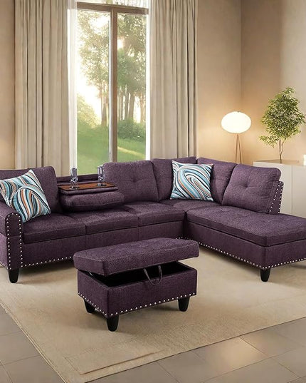 L Shaped Sofa with Ottoman Modern Sectional Living Room, Bedroom, Office, L Couch Purple - LeafyLoom