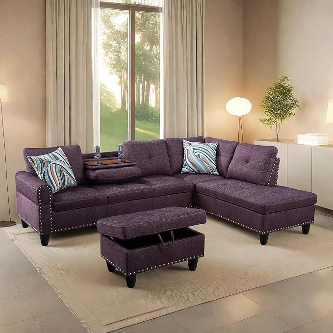 L Shaped Sofa with Ottoman Modern Sectional Living Room, Bedroom, Office, L Couch Purple - LeafyLoom