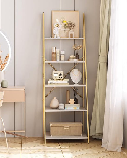 finetones 5 Tier Ladder Shelf, Free Standing Gold Book Shelf Display Bookcase, Storage Organizer Unit Flower Stand Plant Rack for Living Room - LeafyLoom