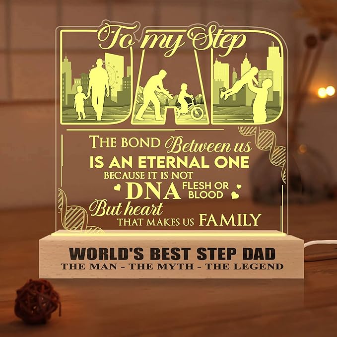 Step Dad Gifts from Daughter Son, to My Dad Gift 3D Illusion Lamp Wooden Base USB Powered Acrylic Night Light, Gift for Father from Childs Kid, Gift for Birthday Christmas Father's Day - LeafyLoom