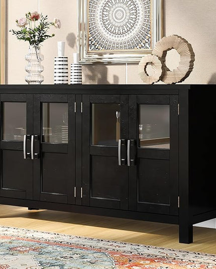 Merax Farmhouse Sideboard Buffet Cabinet with Storage, 4 Door Wood Cupboard w/Adjustable Shelves, Console Table for Kitchen, Dining/Living Room, Black - LeafyLoom
