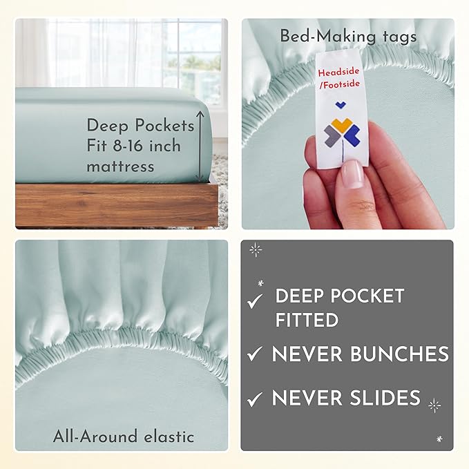California Design Den Softest 100% Cotton Sheets, Full Size Sheet Sets, 4 Pc Set, 400 Thread Count Sateen Bedding, Deep Pocket Sheets, Cooling Sheets, Full Size Sheets, Breathable Bed Set (Seafoam) - LeafyLoom