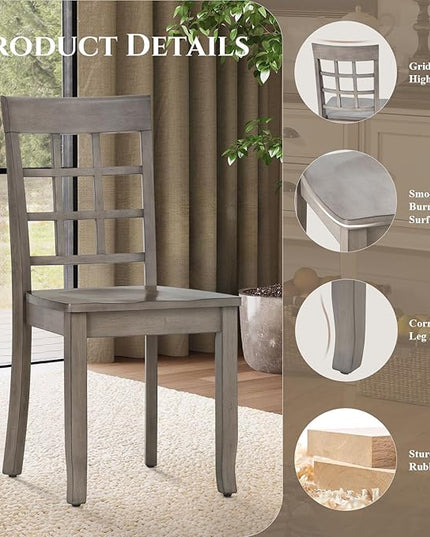 COLAMY Wooden Dining Chairs Set of 6, Nine-Square High Back Kitchen Side Chair, Farmhouse Dining Chairs for Kitchen and Dining Room, Light Grey - LeafyLoom
