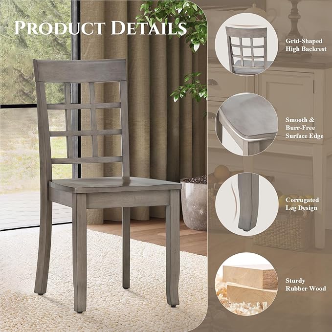 COLAMY Wooden Dining Chairs Set of 6, Nine-Square High Back Kitchen Side Chair, Farmhouse Dining Chairs for Kitchen and Dining Room, Light Grey - LeafyLoom