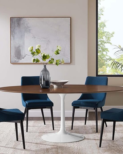 Modway Lippa 78" Modern Kitchen and Dining Table with Oval Walnut Top and Pedestal Base in Walnut - LeafyLoom