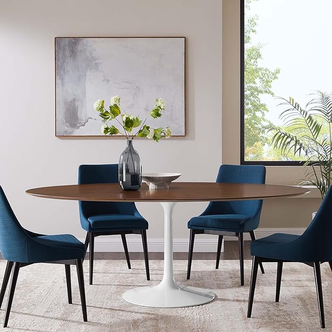 Modway Lippa 78" Modern Kitchen and Dining Table with Oval Walnut Top and Pedestal Base in Walnut - LeafyLoom