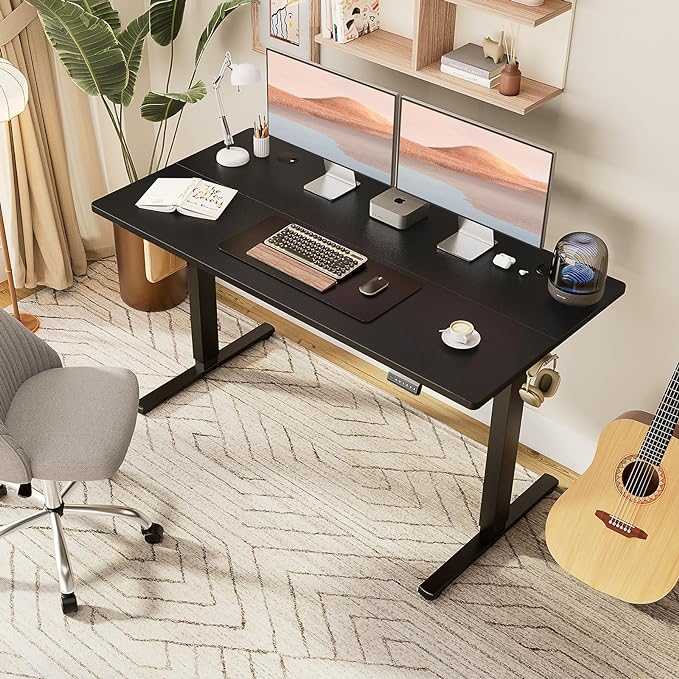 SMUG Standing Desk, Adjustable Height Electric Sit Stand Up Down Computer Table, 63x24 Inch Ergonomic Rising Desks for Work Office Home, Modern Lift Motorized Gaming Desktop Workstation, Black - LeafyLoom