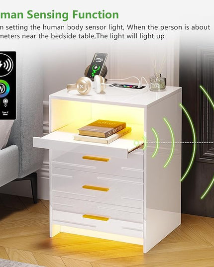 HNEBC RGB LED Nightstand with Wireless Charging Station, Smart Night Stand with 3 Drawers and Sliding Tray, Modern Bedside Table for Bedroom Furniture, High Gloss End Sofa Tables (B White) - LeafyLoom
