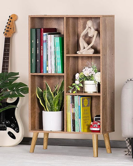 5 Cube Small Bookshelf,3 Tier Mid-Century Modern Bookcase with Legs,Wood Kids Bookshelves Storage Organizer Shelf,Free Standing Narrow Book Shelves,Oak Grey Corner Bookcases for Bedroom,Living Room - LeafyLoom