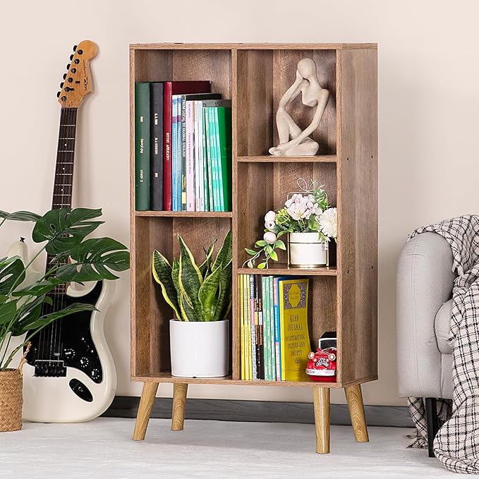 5 Cube Small Bookshelf,3 Tier Mid-Century Modern Bookcase with Legs,Wood Kids Bookshelves Storage Organizer Shelf,Free Standing Narrow Book Shelves,Oak Grey Corner Bookcases for Bedroom,Living Room - LeafyLoom