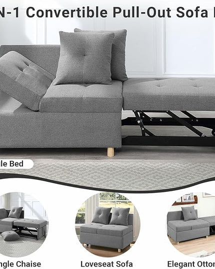 4-in-1 Convertible Sleeper Sofa, Single Pull Out Couch Chair with 6-Level Adjust Backrest Loveseat with Storage and Pillows, Modern Recliner for Living Room Apartment Office, Grey - LeafyLoom