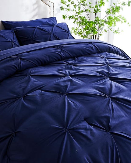 Ubauba 7pc Full Size Bed Comforter Set with Sheets, Dark Blue Pinch Pleating 7 Piece Bed in a Bag, Pintuck Royal Blue Bedding Sets for All Season (Navy,Full) - LeafyLoom