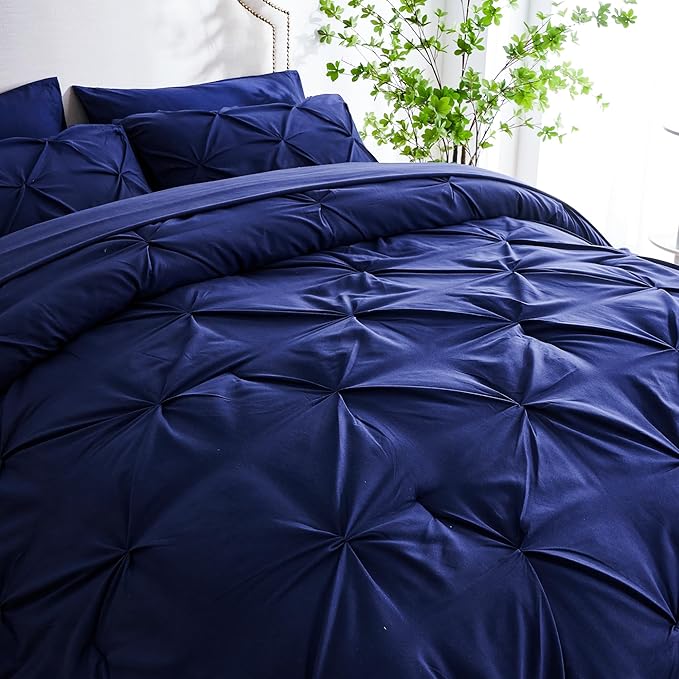 Ubauba 7pc Full Size Bed Comforter Set with Sheets, Dark Blue Pinch Pleating 7 Piece Bed in a Bag, Pintuck Royal Blue Bedding Sets for All Season (Navy,Full) - LeafyLoom