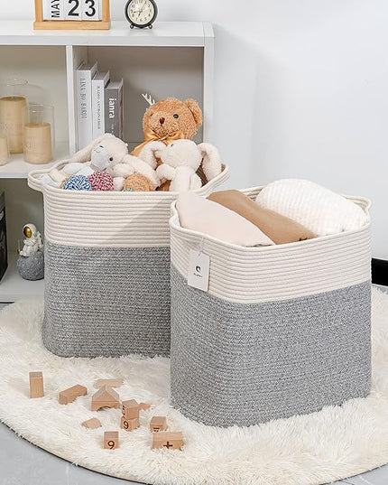 Tall Storage Bins Rectangle Basket Cotton Extra Large Toy Storage Hamper Rectangular with Handles,Decorative Blanket Laundry Basket for Living room,Dog Baskets Large Basket for Toys 2 pack - LeafyLoom