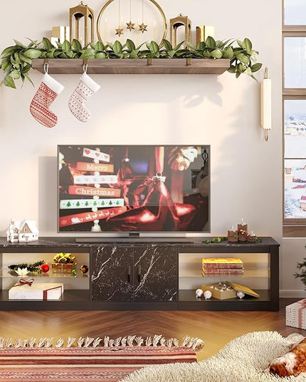Bestier 80 Inch TV Stand for 65/75/85 inch TVs, Modern LED Entertainment Center with Storage Cabinet, Adjustable Glass Shelves ＆ Cable Management, Gaming TV Console Table for Living Room, Black Marble - LeafyLoom