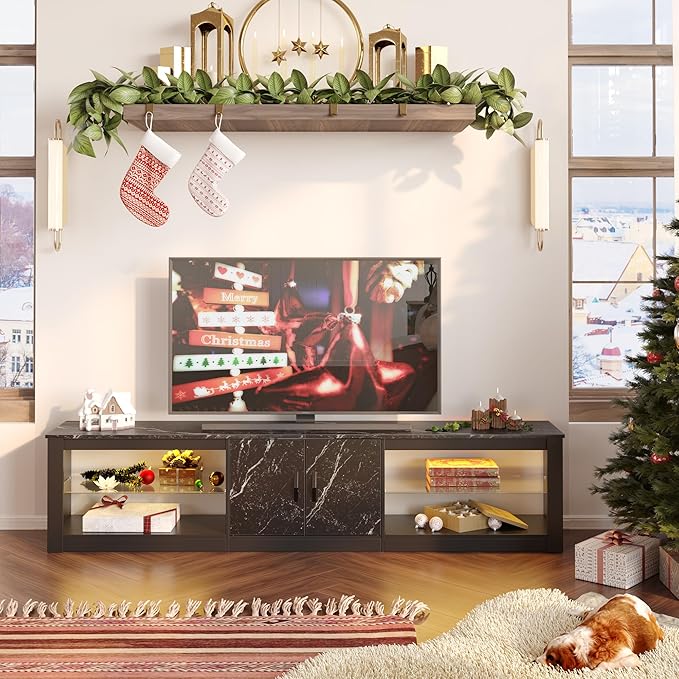 Bestier 80 Inch TV Stand for 65/75/85 inch TVs, Modern LED Entertainment Center with Storage Cabinet, Adjustable Glass Shelves ＆ Cable Management, Gaming TV Console Table for Living Room, Black Marble - LeafyLoom