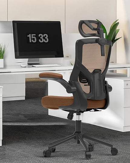 𝑯𝑶𝑴𝑬 𝑶𝑭𝑭𝑰𝑪𝑬 𝑪𝑯𝑨𝑰𝑹, Ergonomic Mesh Desk Chair, High Back Computer Chair- Adjustable Headrest with Flip-Up Arms, Lumbar Support, Swivel Executive Task Chair (Mummy Brown, Modern) - LeafyLoom