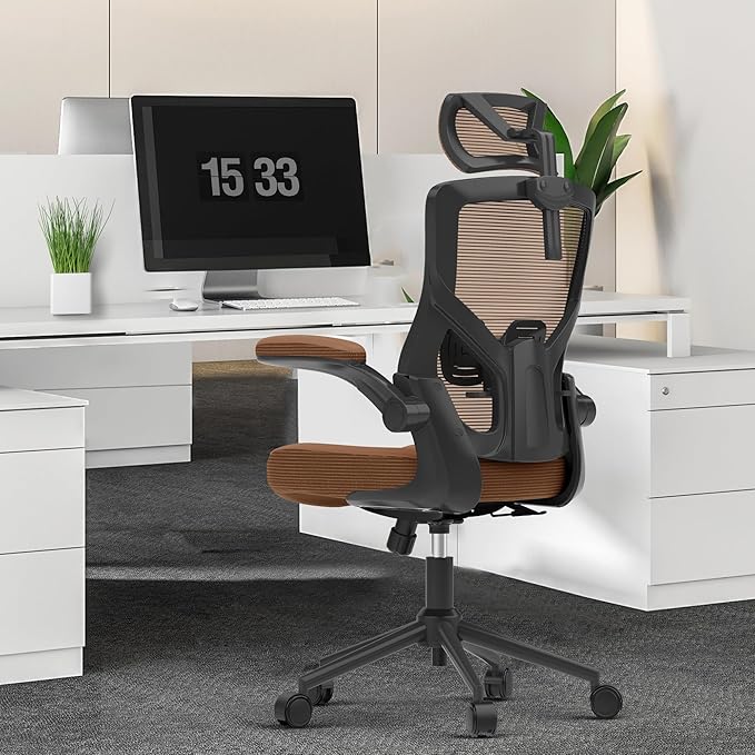 𝑯𝑶𝑴𝑬 𝑶𝑭𝑭𝑰𝑪𝑬 𝑪𝑯𝑨𝑰𝑹, Ergonomic Mesh Desk Chair, High Back Computer Chair- Adjustable Headrest with Flip-Up Arms, Lumbar Support, Swivel Executive Task Chair (Mummy Brown, Modern) - LeafyLoom