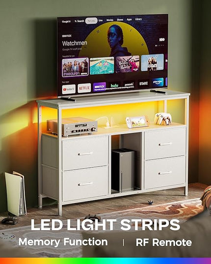 TV Stand Dresser with Power Outlets and LED Lights, 4 Drawers Entertainment Center with Open Shelf, Media Console for 50 43 Inch TV, Dresser with PU Finish, White - LeafyLoom
