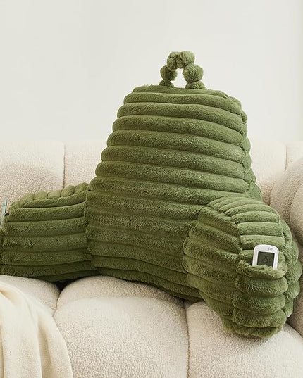 WERDIM Reading Pillow for Sitting in Bed, Faux Fur Back Pillow for Bed Rest, Bed Chair Pillow with Arms and Pockets(Standard, Sage) - LeafyLoom