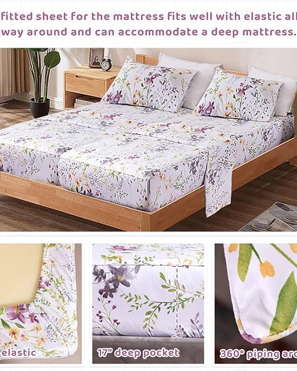 QSH 100% Cotton Sheets for Split King Size Bed - Floral Plant Pattern Botanical Luxury Cotton Printed Floral Bedding King Size Sheet with Deep Pockets 17" Soft and Breathable 5pcs - LeafyLoom