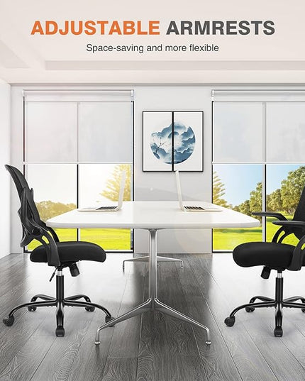 Sweetcrispy Office Computer Desk Chair, Ergonomic Mid-Back Mesh Rolling Work Swivel Task Chairs with Wheels, Comfortable Lumbar Support, Comfy Flip-up Arms for Home, Bedroom, Study, Student, Black - LeafyLoom