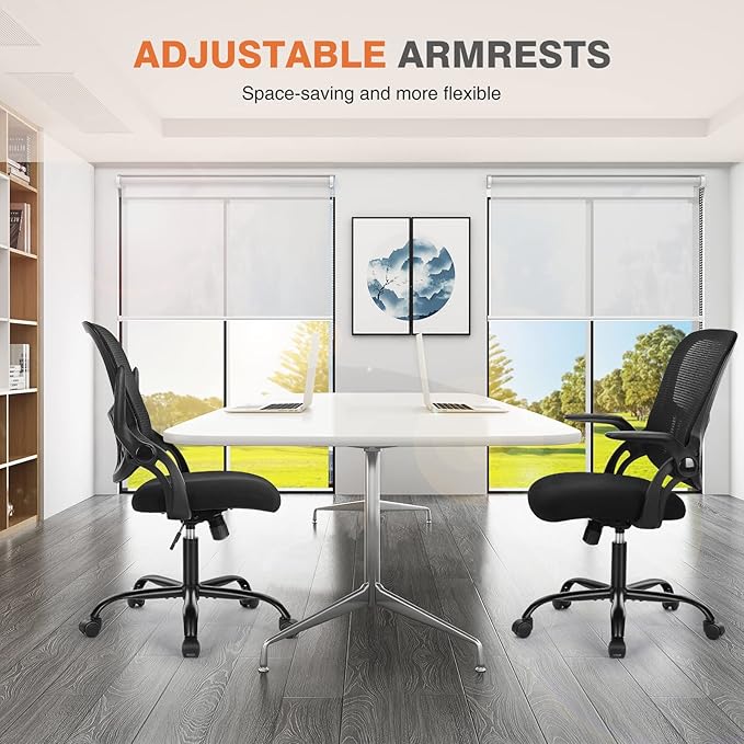 Sweetcrispy Office Computer Desk Chair, Ergonomic Mid-Back Mesh Rolling Work Swivel Task Chairs with Wheels, Comfortable Lumbar Support, Comfy Flip-up Arms for Home, Bedroom, Study, Student, Black - LeafyLoom
