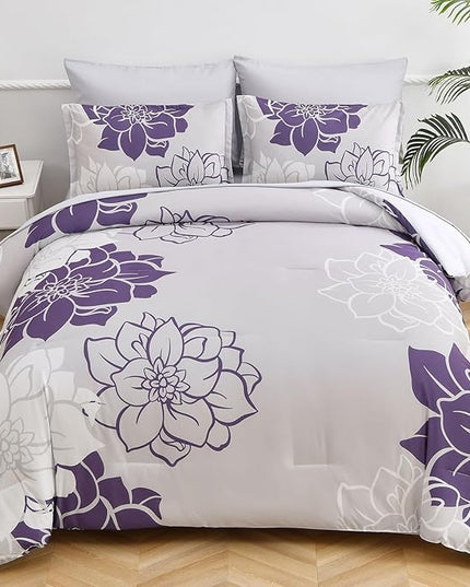 Purple Comforter Set King 7 Piece Bed in a Bag Purple Floral Comforter with Sheet Set Soft Micorfiber Reversible Bedding Set (1 Comforter,2 Pillow Shams,1 Flat Sheet,1 Fitted Sheet,2 Pillowcases) - LeafyLoom